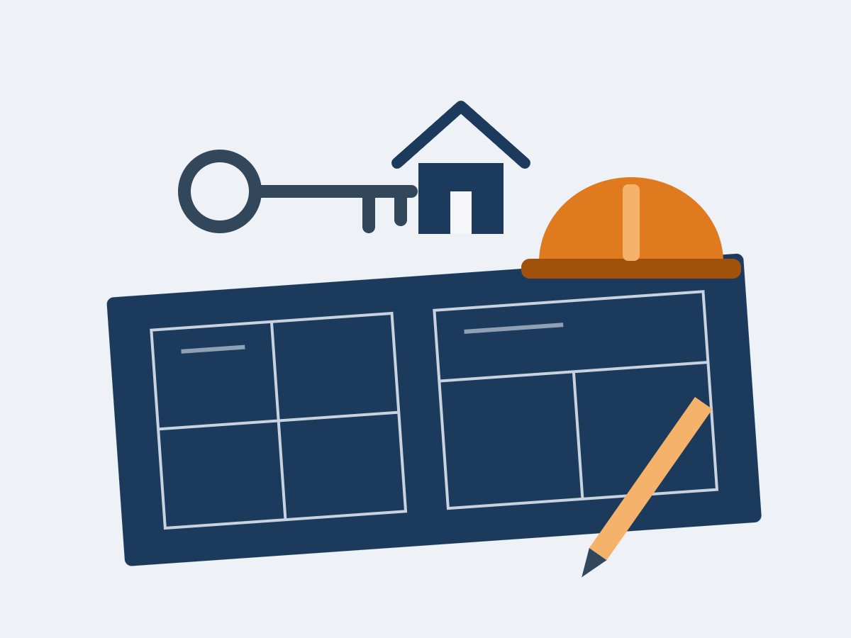 Illustration of a housing floor plan with a hard hat, key and house
