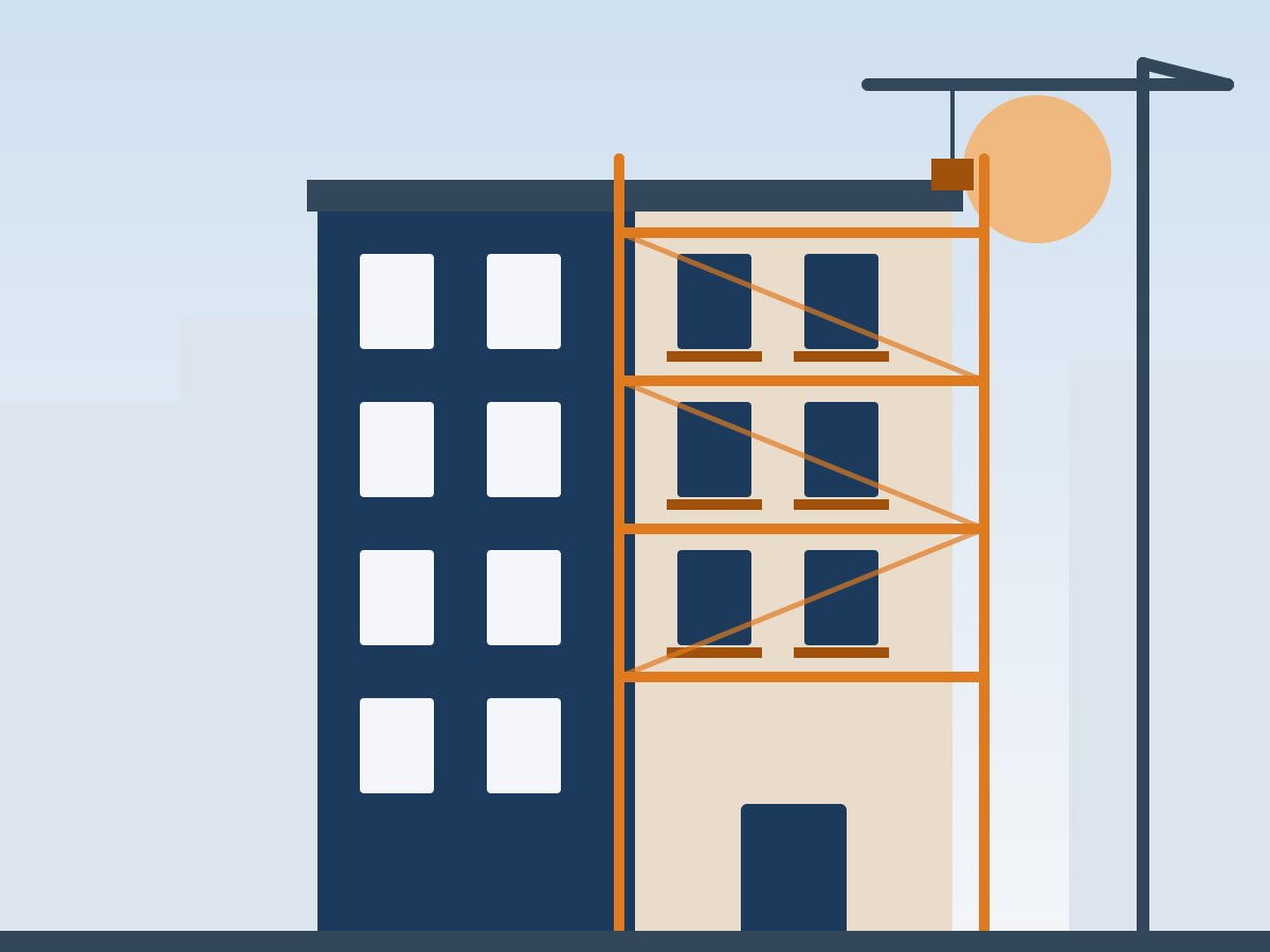 Illustration of a residential building under renovation, with scaffolding and a crane